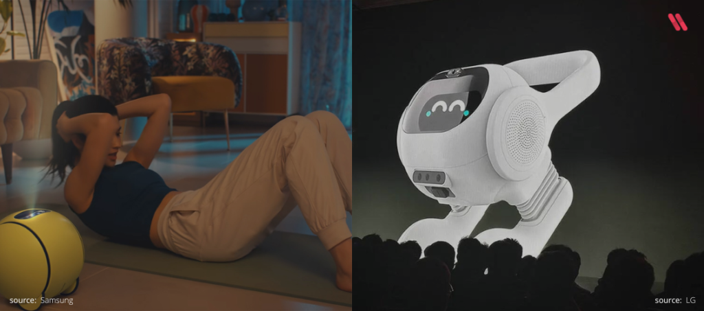On the left - a girl working out with Ballie AI robot from Samsung. On the right - LG's AI smart home agent presented during the conference and displayed on the big screen.